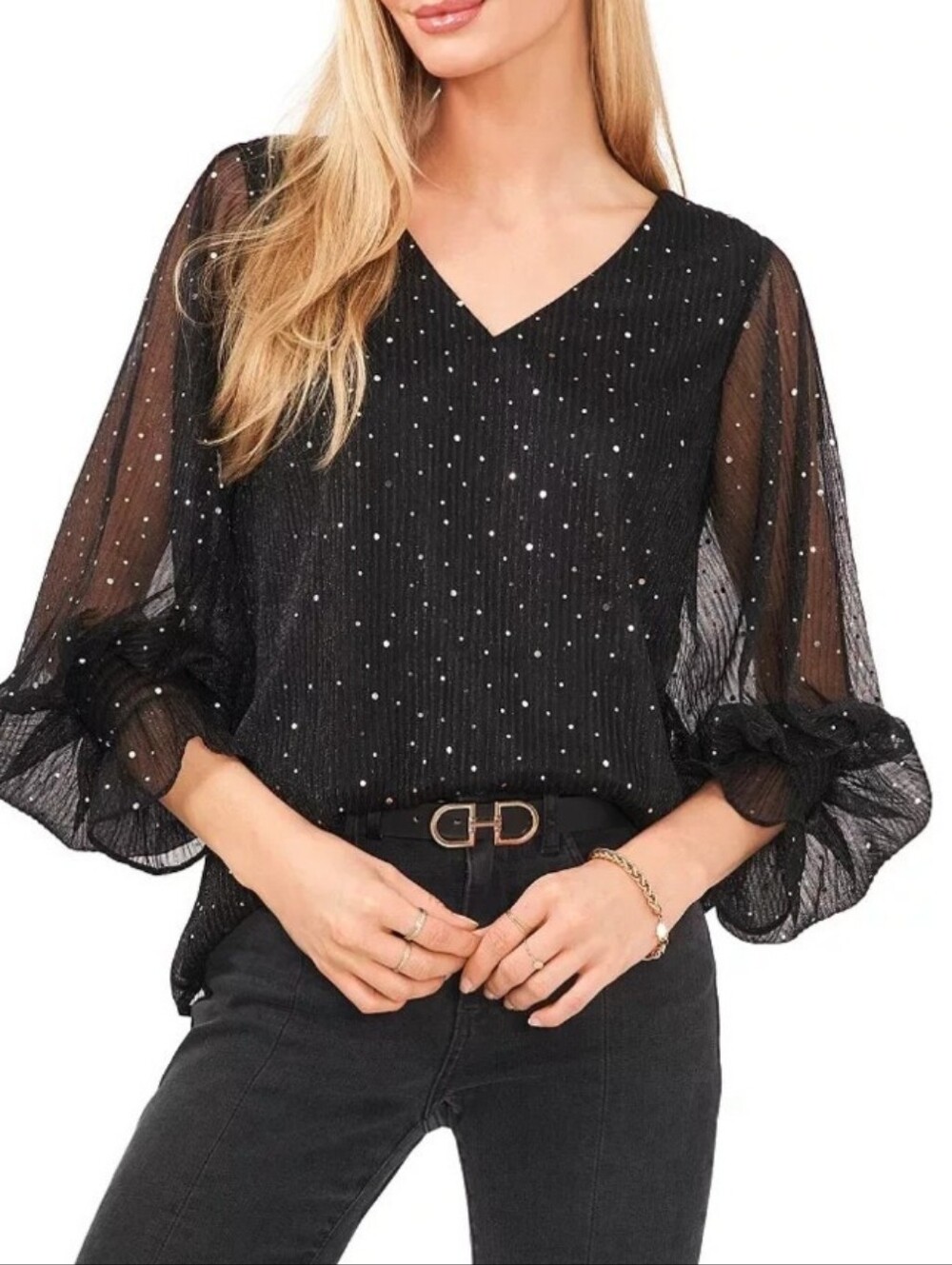 Halogen black and silver dotted blouse with sheer sleeves